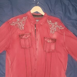 Men's casual dress shirt with embroidered graphics